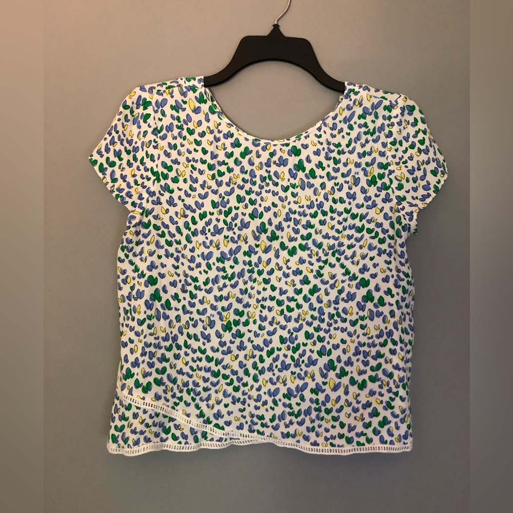 Zara Trafaluc Size Small Short Sleeve Shirt White Blue Green Floral Leaf Print